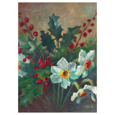 Painting of holly leaves and white flowers with red berries on a textured background