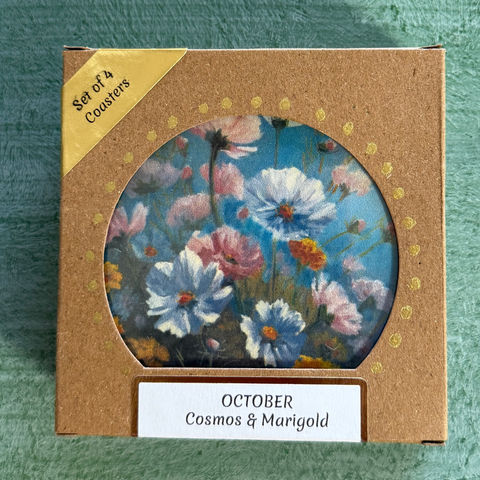 October Birth Month Flower Coaster Set (4) – Cosmos & Marigold