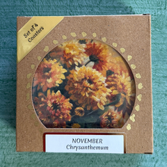 November Birth Month Flower Coaster Set (4) – Chrysanthemum