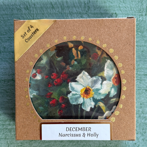 December Birth Month Flower Coaster Set (4) – Narcissus & Holly