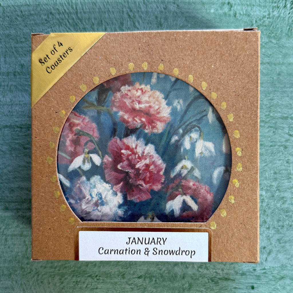 January Birth Month Flower Coaster Set (4) – Carnation & Snowdrop