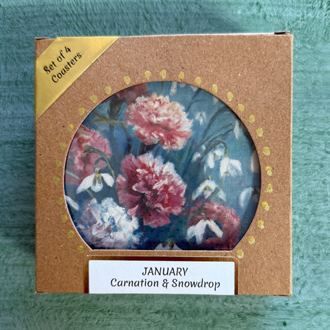 January Birth Month Flower Coaster Set (4) – Carnation & Snowdrop