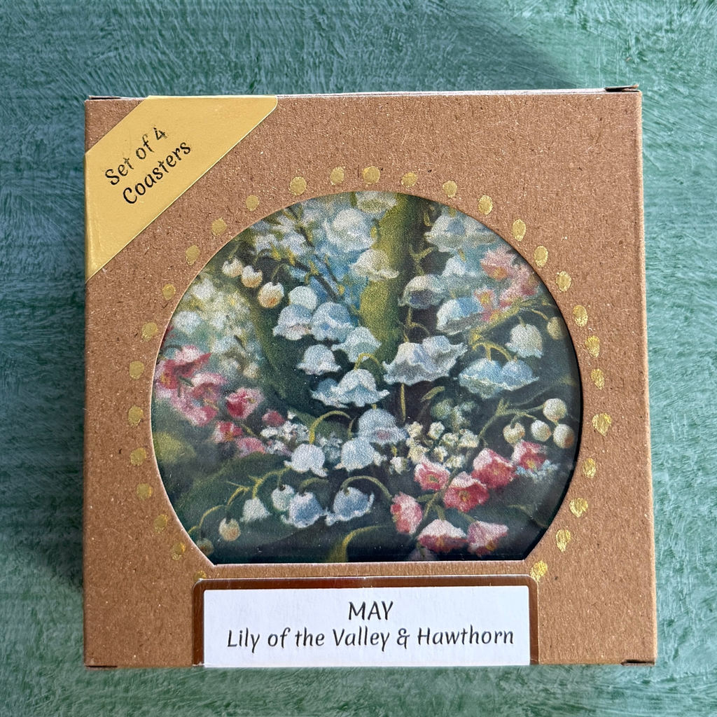 May Birth Month Flower Coaster Set (4) – Lily of the Valley & Hawthorn