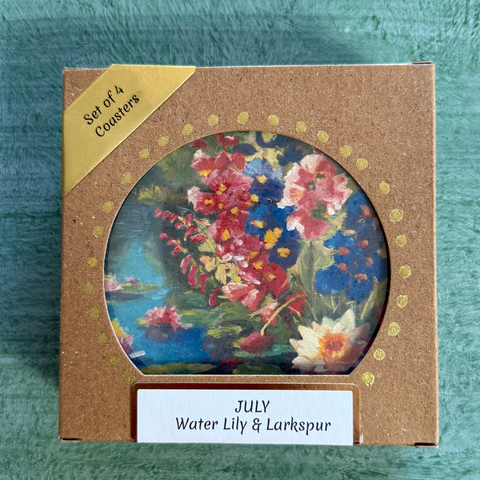 July Birth Month Flower Coaster Set (4) – Water Lily & Larkspur