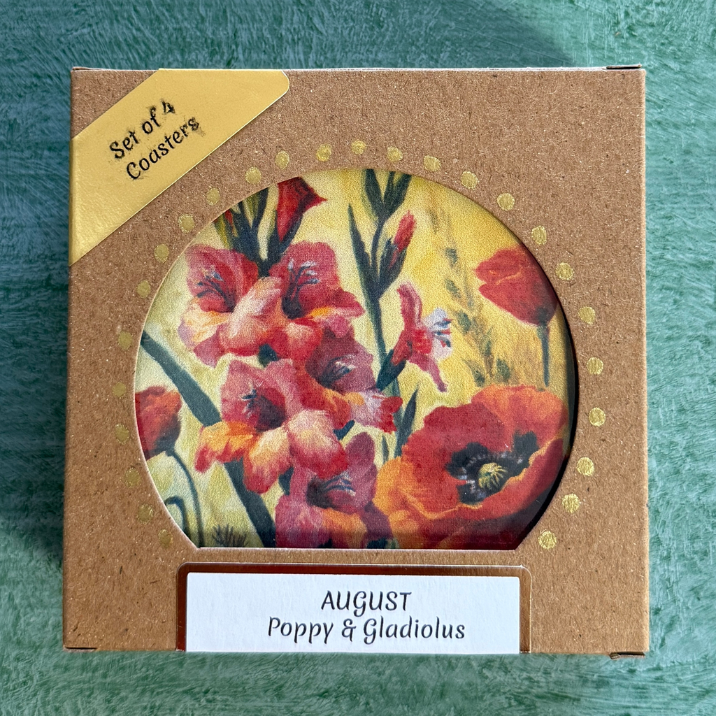August Birth Month Flower Coaster Set (4) – Poppy & Gladiolus